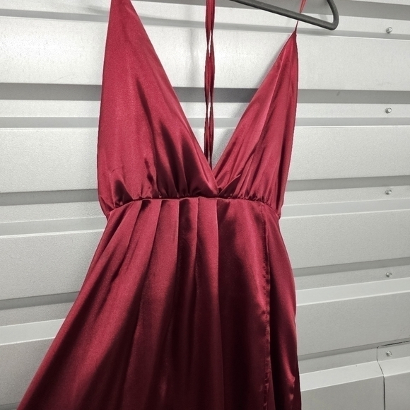 Jeykay Satin Burgandy Halter Maxi Dress - Picture 2 of 8
